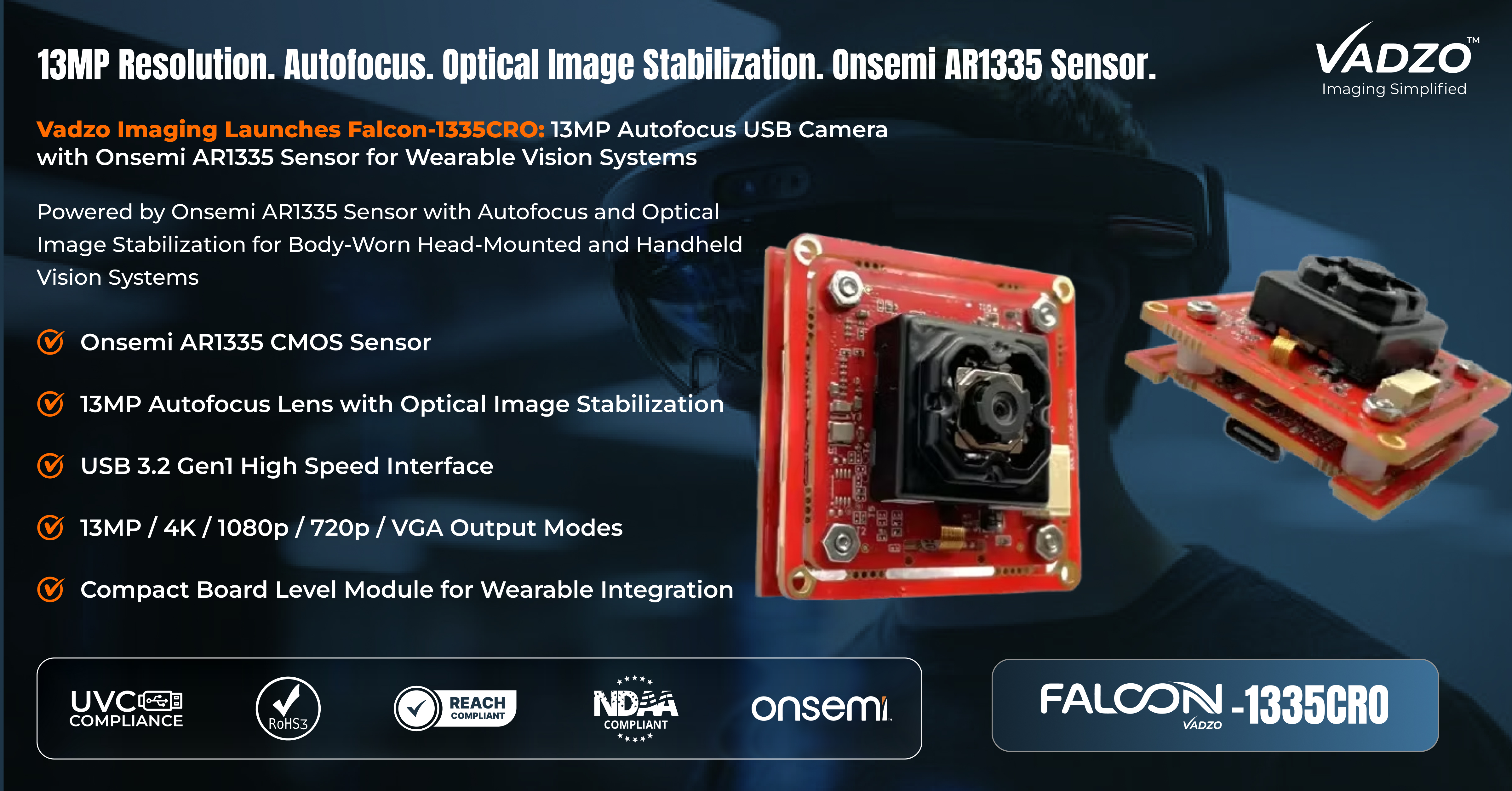 Vadzo Imaging Launches Falcon-1335CRO: 13MP Autofocus USB Camera with Onsemi AR1335 Sensor for Wearable Vision Systems